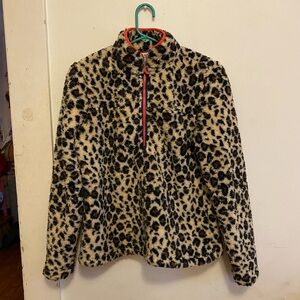 Vineyard Vines Leopard Sherpa Half-Zip Pullover in Beige, Black & Coral Trim